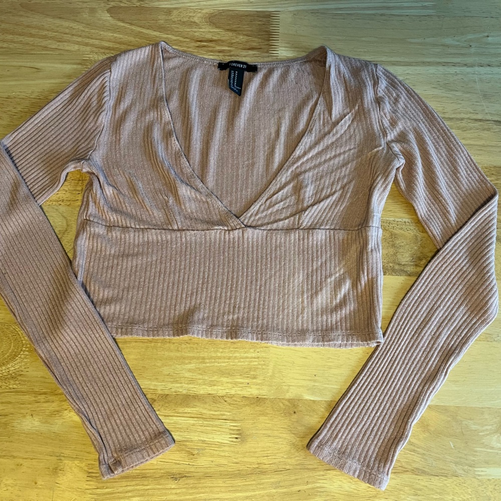 Forever 21 Pink Ribbed Long Sleeve Crop Top